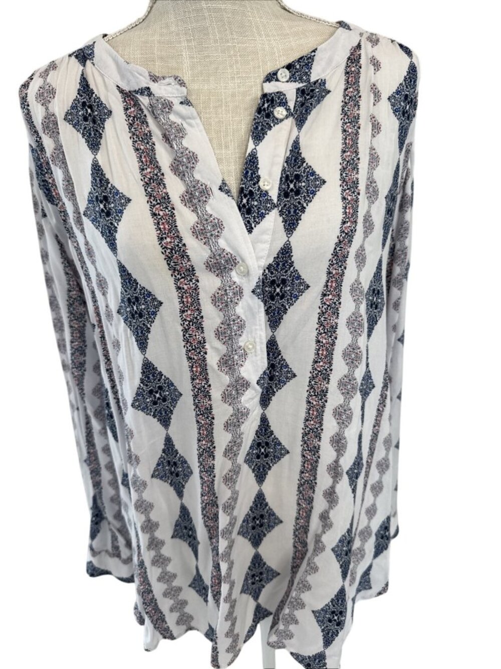 Loft Outlet Womens Printed Blouse Long Sleeve Button-Up White & Navy XL
